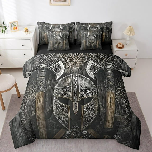 Erosebridal Retro Viking Bedding Sets Twin Size,Nordic Mythology Viking Comforter Sets with Sheets,Double Battleaxe Bed in a Bag Twin size,Ultra Soft Exotic Bedroom Decoration,Reversible,7pcs