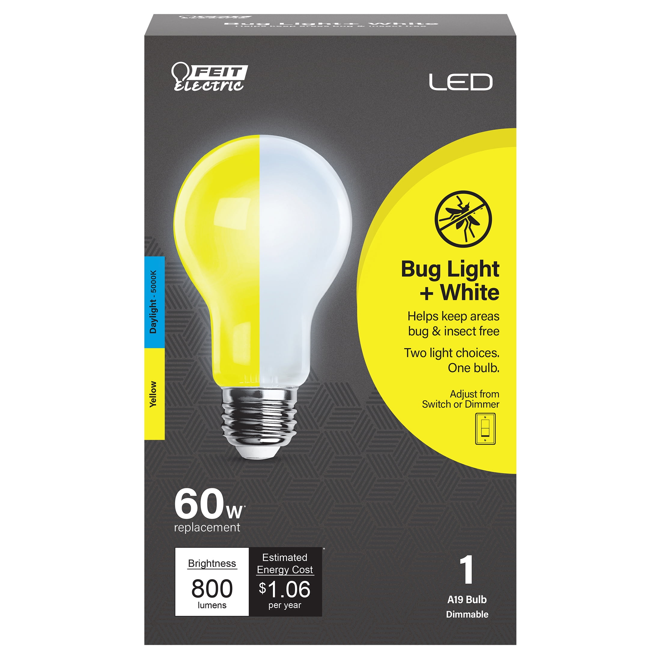 Feit Electric Selectable Bug or Daylight White LED 8.8W (60 Watts Equivalent) General Purpose Light Bulb, A19, E26 Base, Dimmable
