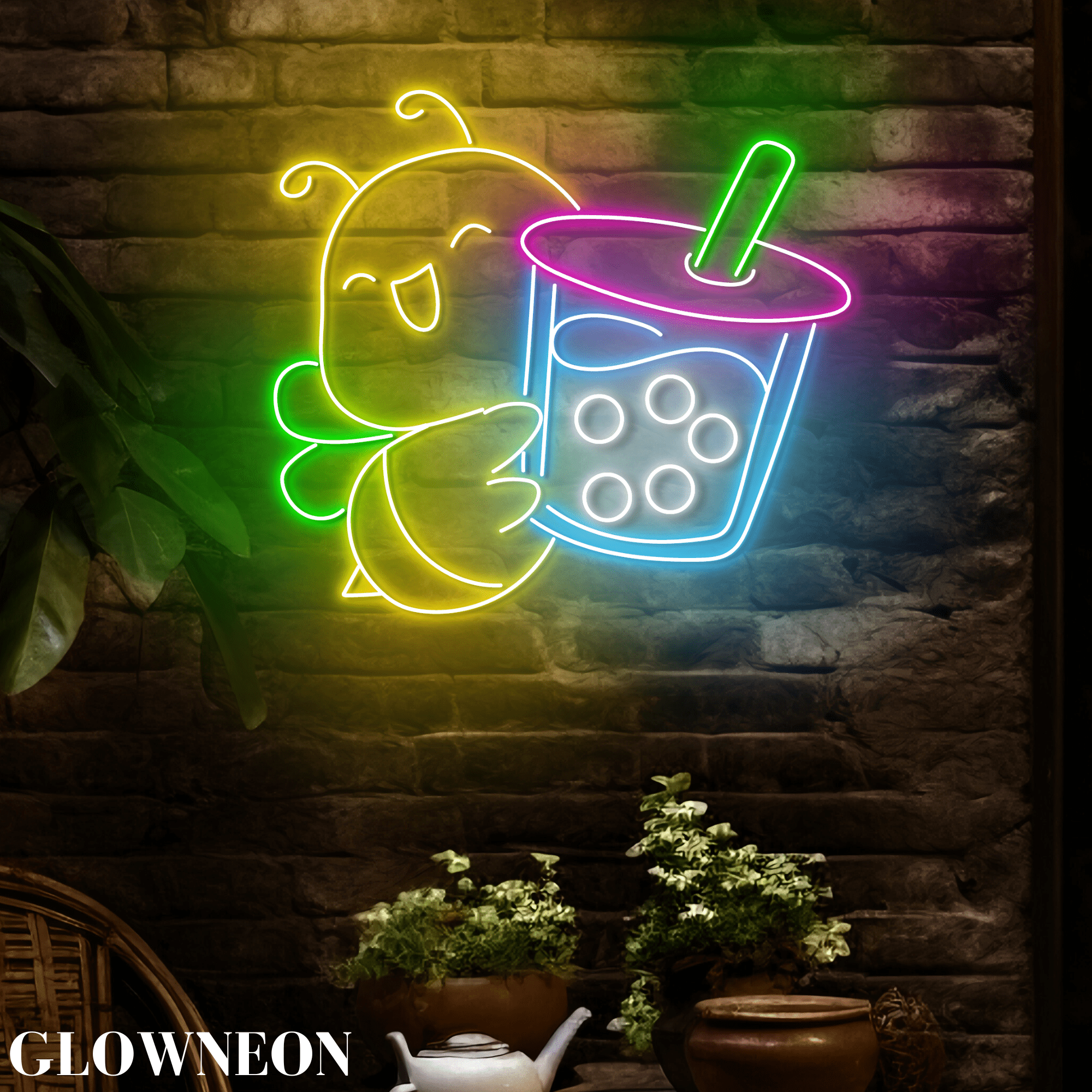 Glowneon Bee With Boba Tea Led Sign, Open Boba Milk Tea Shop Light