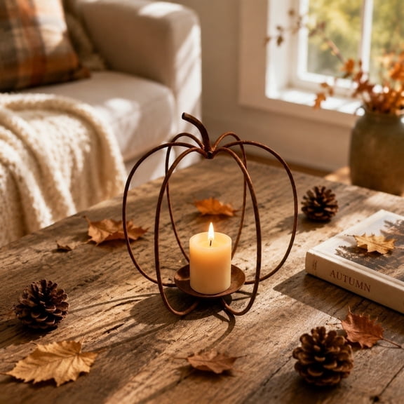 MMJ Pumpkin Candle Holder Rustic Metal Iron Candlestick Halloween Thanksgiving Fall Tabletop Decor Warm Ambient Lighting 7.28x5.71x5.71in