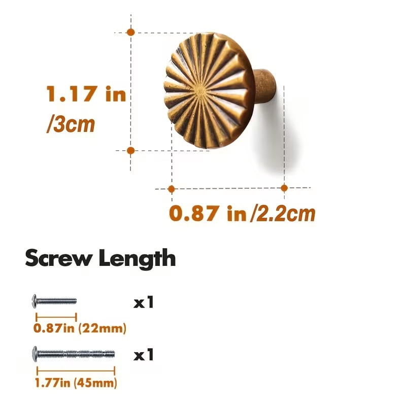 Antique Brass Cabinet Knobs - 4pcs Retro Flat Sunburst Design Pulls for Kitchen Cabinets and Bathroom Vanities