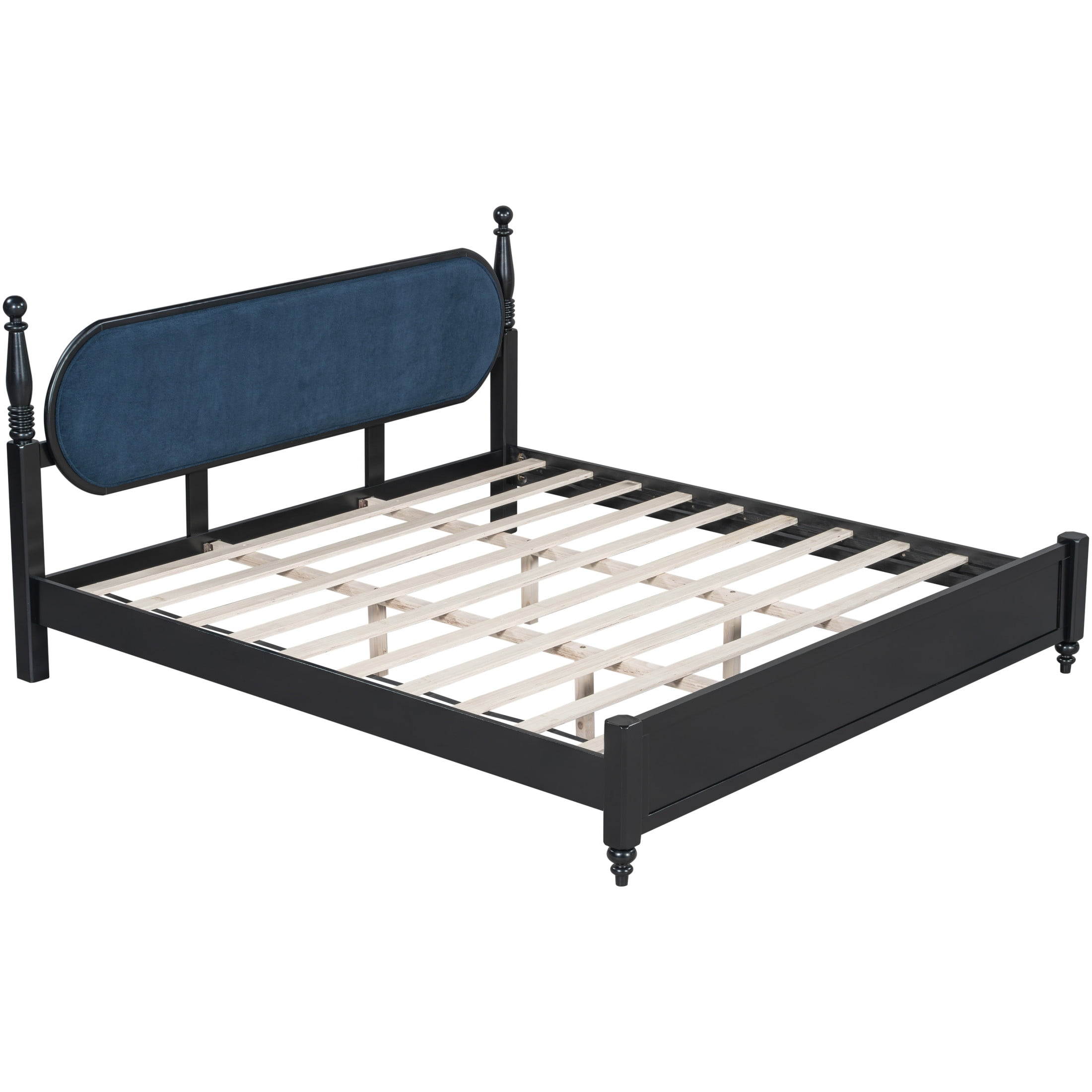 Christopher Knight Home Vintage King Platform Bed Frame with Upholstered Headboard, Black+Navy Blue