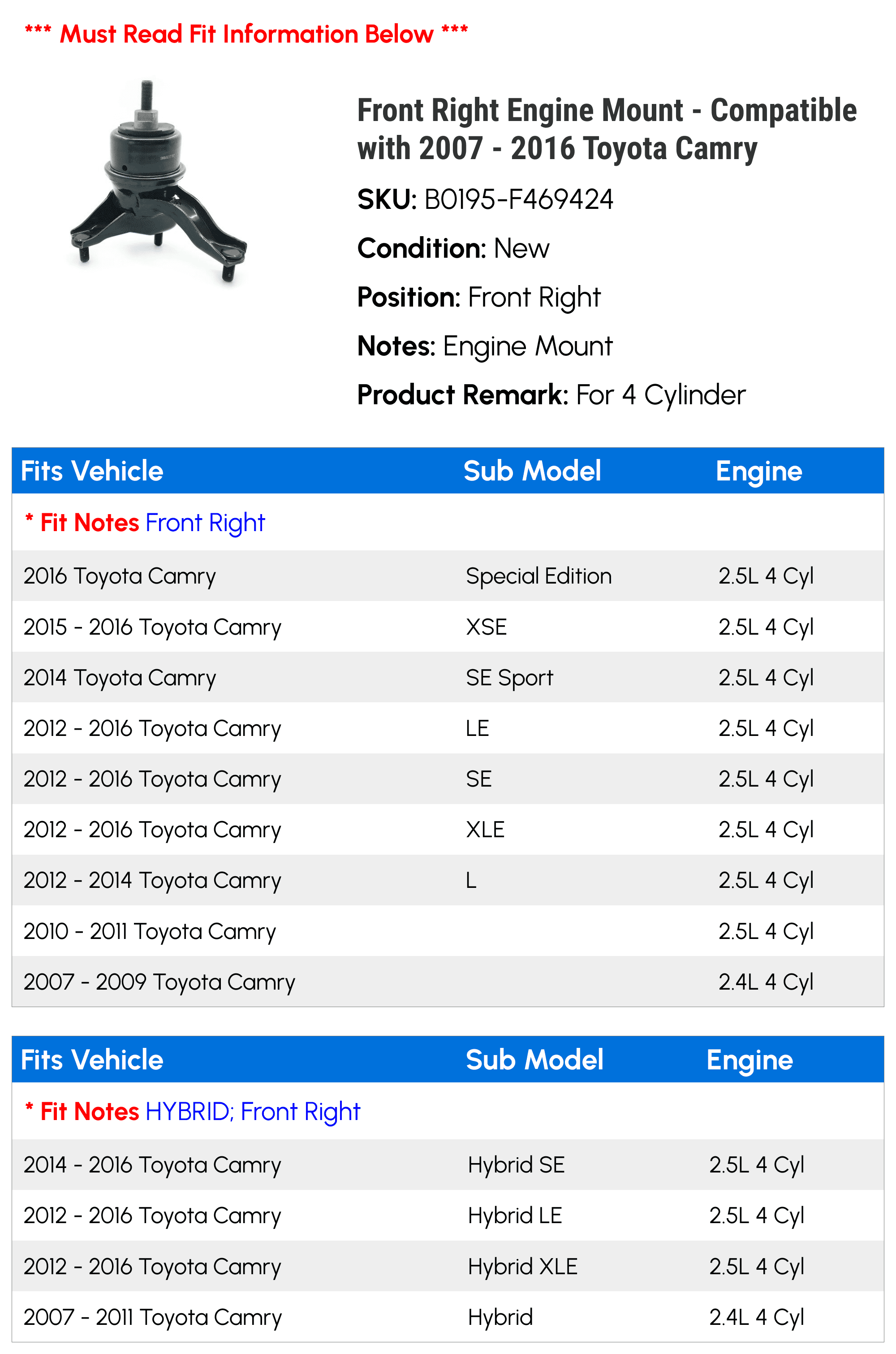Front Right Engine Mount - Compatible with 2007 - 2016 Toyota Camry 2008 2009 2010 2011 2012 2013 2014 2015