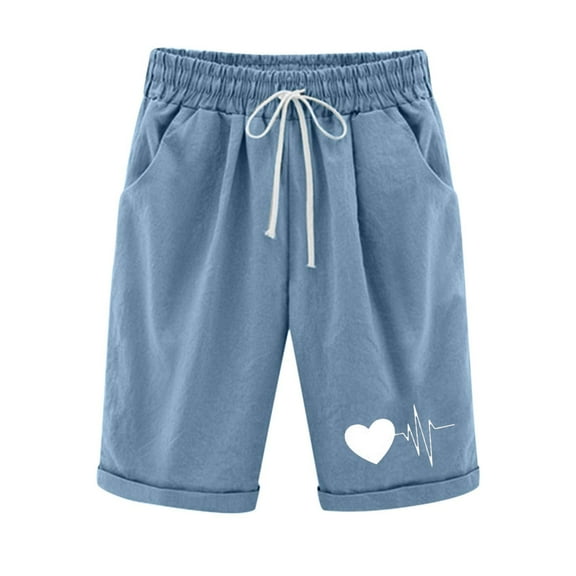 Ltctricy Women's Cotton Linen Bermuda Shorts Plus Size Elastic Waist Straight Leg Printed Knee Length Shorts Loose Casual Shorts