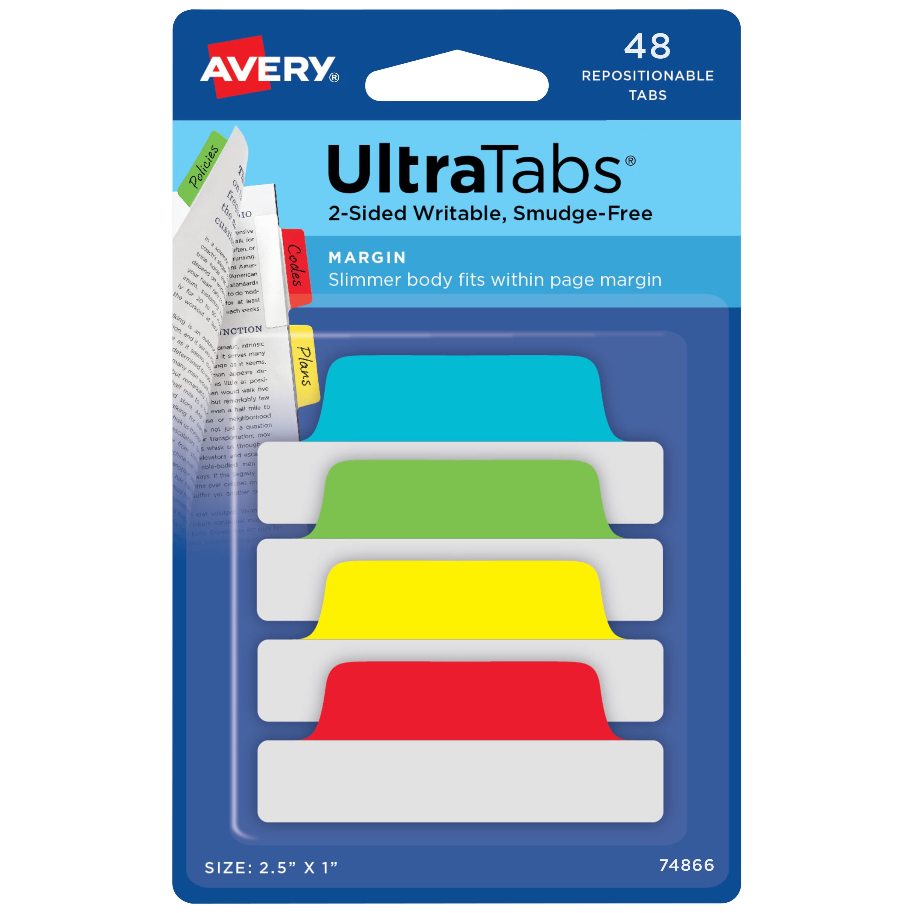 Ultra Tabs, 2.5' x 1', 48 Margin Tabs, Assorted Colors