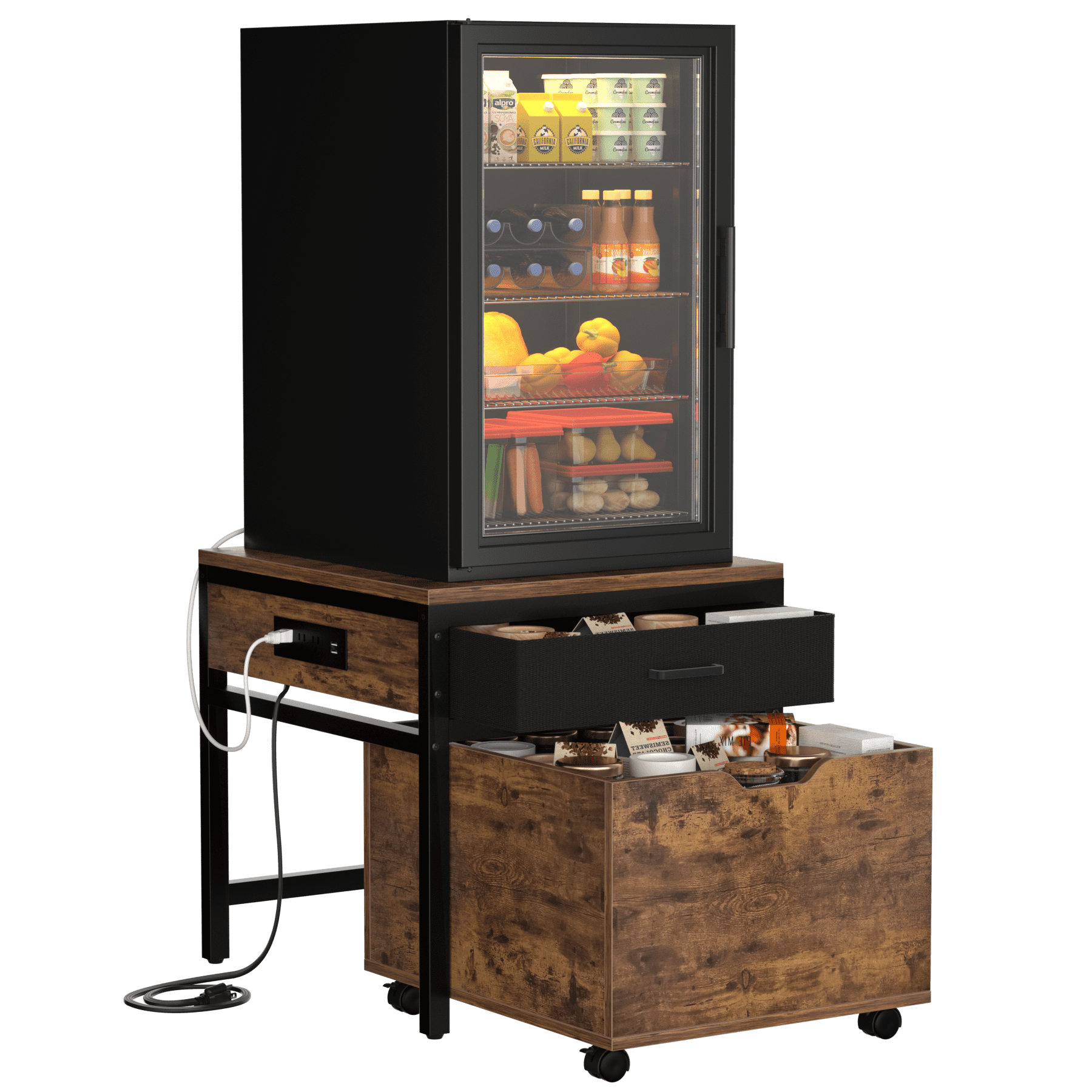 Aheaplus Heavy Duty Rolling Mini Fridge Stand with Drawer Storage & Sockets - Compatible with Mini Fridge & Microwave - for Dorm, Apartment, Office - Rustic Brown