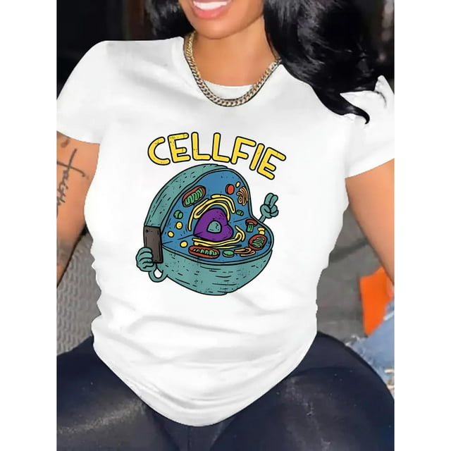 Camiseta informal de cuello redondo para mujer con estampado Cellfie, tejido de punto de algodón, elasticidad media, manga corta para todo el año, moderna y cómoda camiseta de verano para mujer, ideal