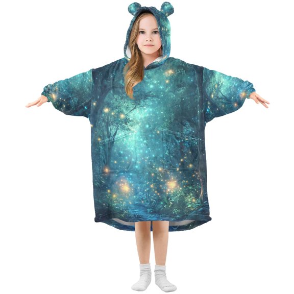 FORMRS Wearable Blanket Hoodie with Sleeves for Kids Cozy Flannel Sweatshirt, Magical Forest Glowing Lights