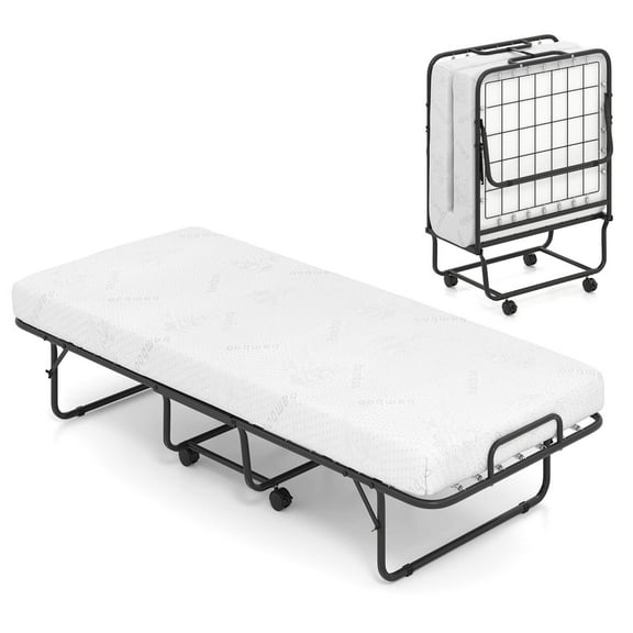 Costway Folding Bed with Mattress 74" x 31" Cot Size Rolling Guest Bed Space Saving
