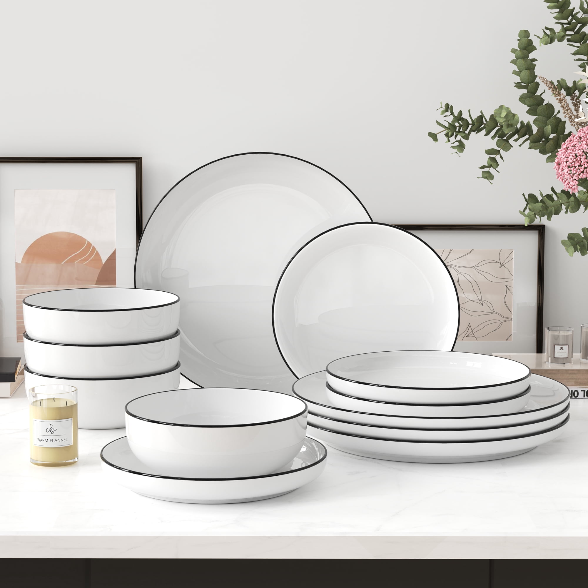 Ollieroo Kitchen Plates and Bowls Sets, 12 Pieces Porcelain Dinnerware Set for 4, Handmade Ceramic Dish Set wtih Black Rim, Ceramic Dishware Dishes Microwave and Dishwasher Safe