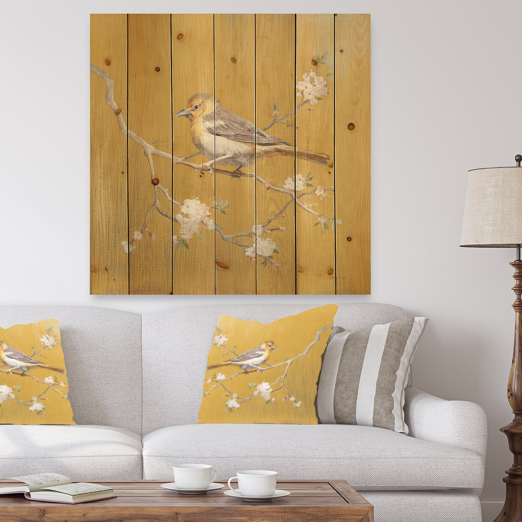 Designart 'Gold Bird Sitting on Blossoms I' Farmhouse Print on Natural Pine Wood