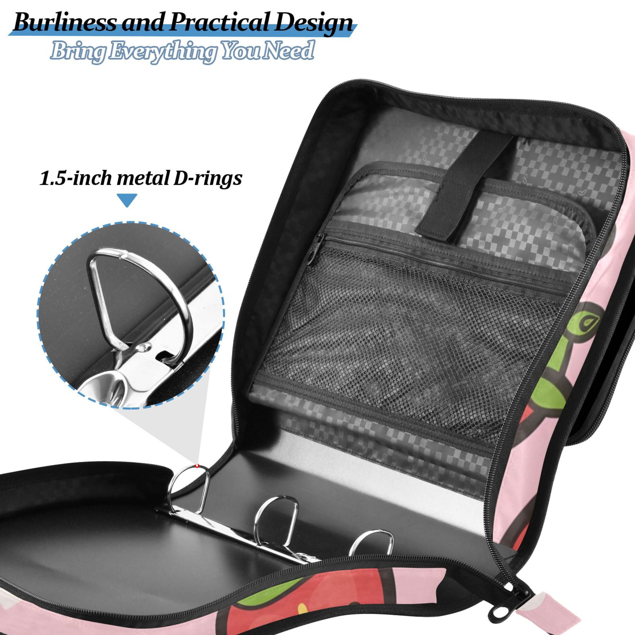 3 Ring Zipper Binder with Shoulder Strap Waterproof Trapper Keeper 2 Inch D-Ring 500 Sheets Capacity Cute Cartoon Strawberry