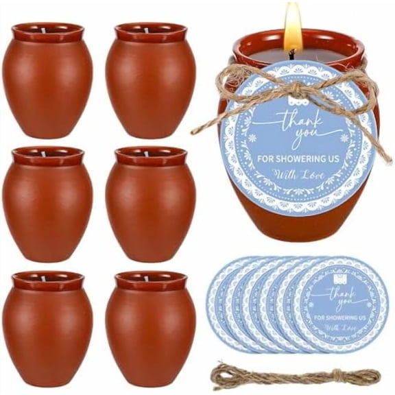 6 Set Cielito Lindo Party Favors Cantaritos De Barro Mexicanos Candles with Thank You Tags Terracotta Mexican Baby Shower Candle Favor Gifts for Guests Birthday Wedding Party Decor