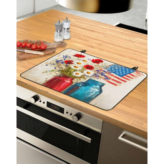 nqOlkjepod Large Induction Cooktop Protector Mat 24"x21", Independence Day Stove Top Covers for Electric Stove, Red Blue American Flag Poppy Flower Stove Burner Cover Mats, Glass Top Stove Cover