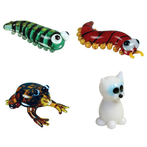 BrainStorm Looking Glass Miniature Glass Figurines, 4-Pack,  Caterpillar/Centipede/Frog/White Cat 