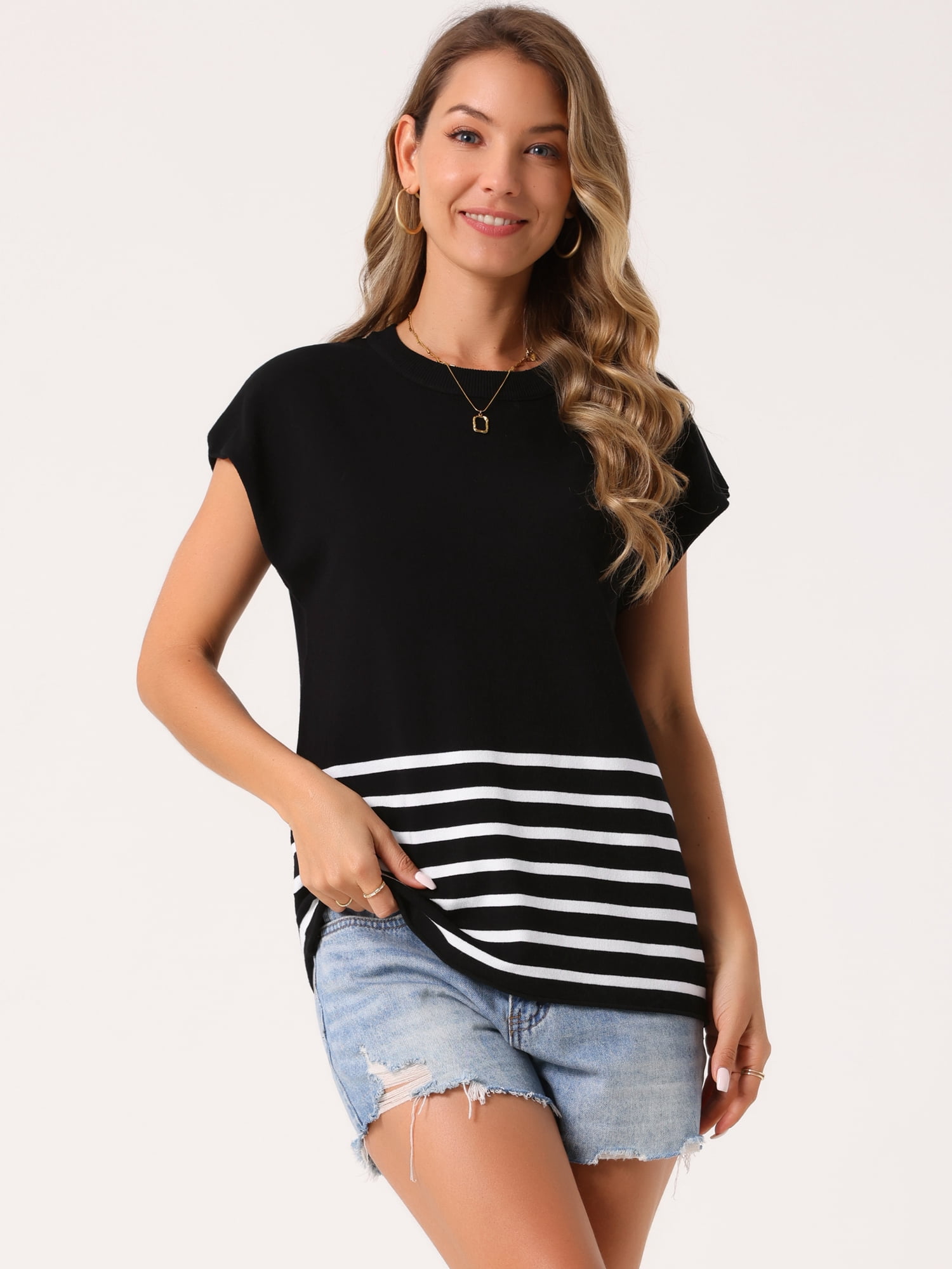 DARING DIVA Sleeveless Round Neck Striped Sweater Vest Cap Sleeve L Black