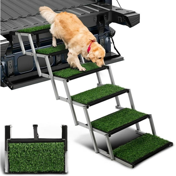 Dog Stairs for Car, Portable Folding Dog Steps with Non-Slip Grass Rug for Cars, SUV, Trucks for Large Dogs, Lightweight Pet Ramps Supports Up to 200 lbs