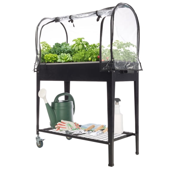Pure Garden 47.25” Raised Garden Bed with Cover - Metal Elevated Planter Box with Wheels (Black)