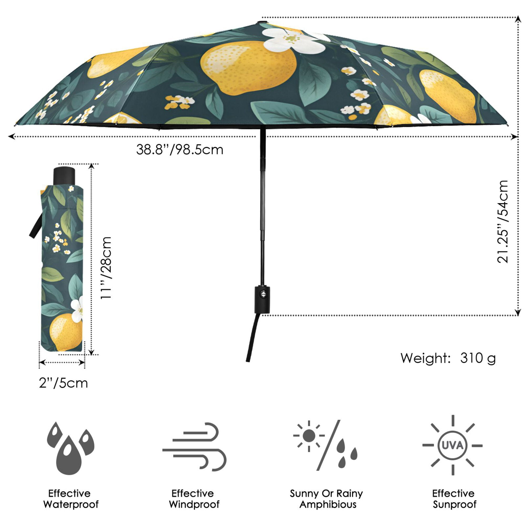 FORMRS Travel Umbrella Folding Auto Open Close Windproof Rain UV Protection, Yellow Lemons