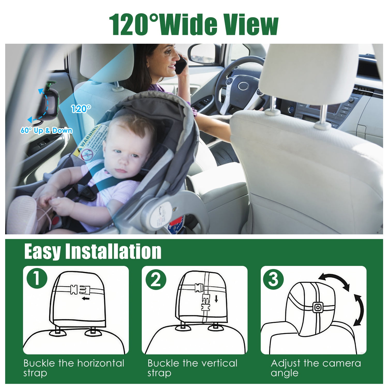 Moclever 1080P Baby Car Camera for 2 Kids, Dual Channel Car Baby Monitor with 120°Wide View 6.86in HD Split Screen Night Vision, Black