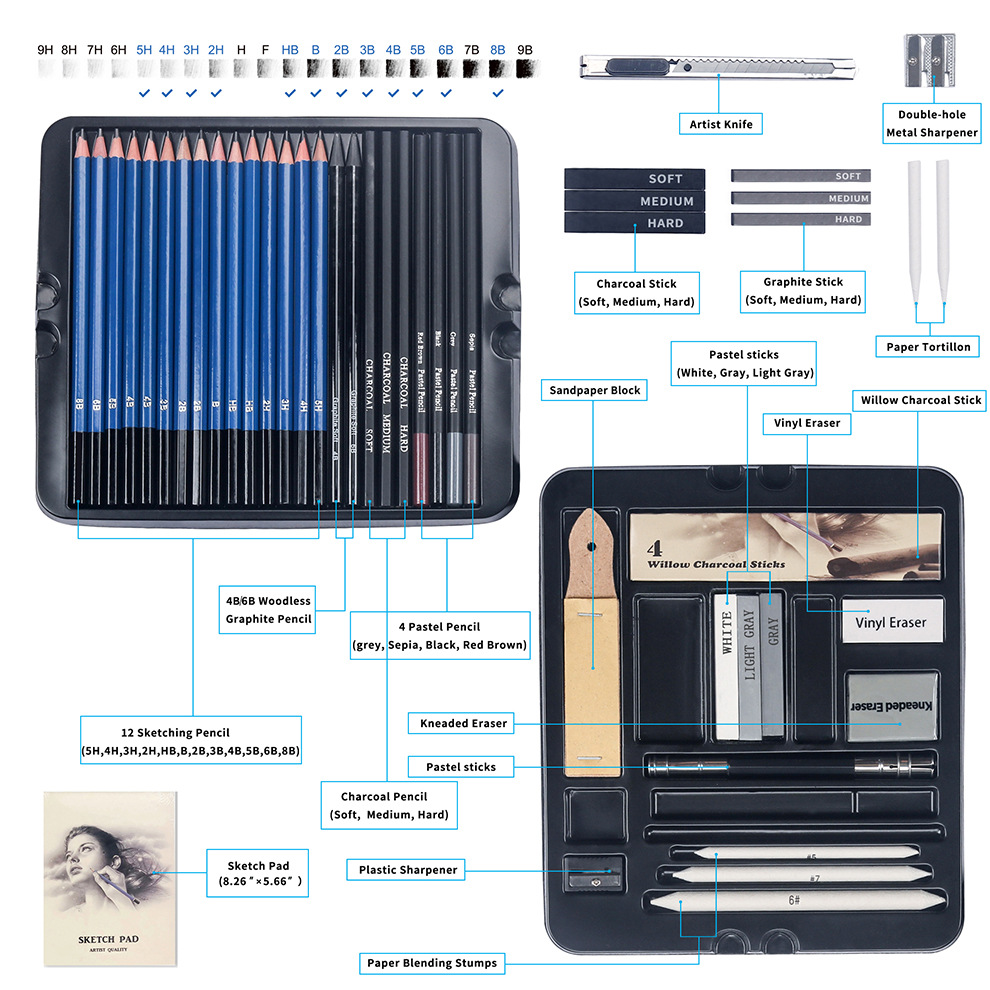 50-Piece Professional Drawing Pencil Set - Sketch Kit for Artists & Beginners