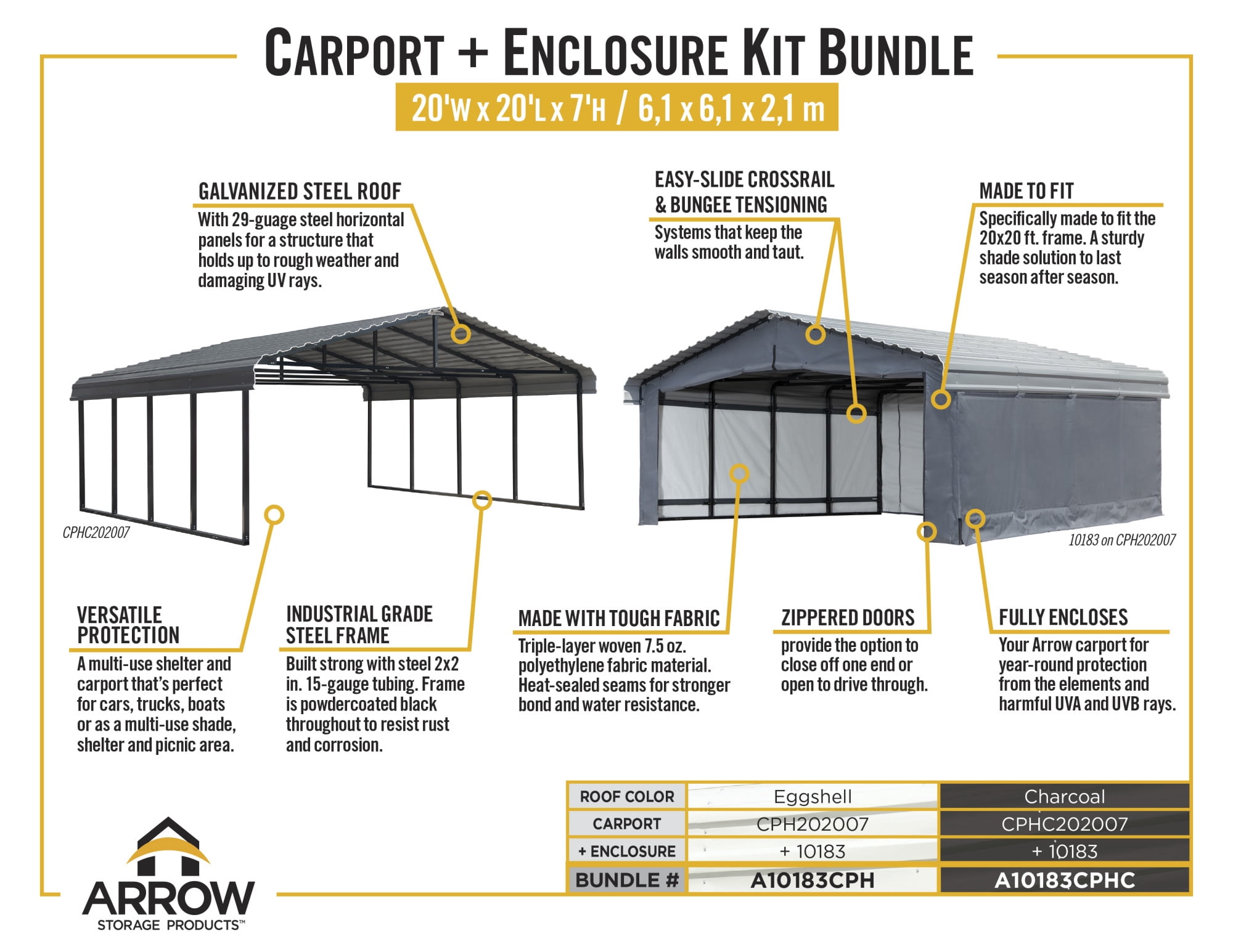 Arrow 20' x 20' x 7' 29-Gauge Carport with Galvanized Steel Roof Panels and Enclosure Kit, Eggshell