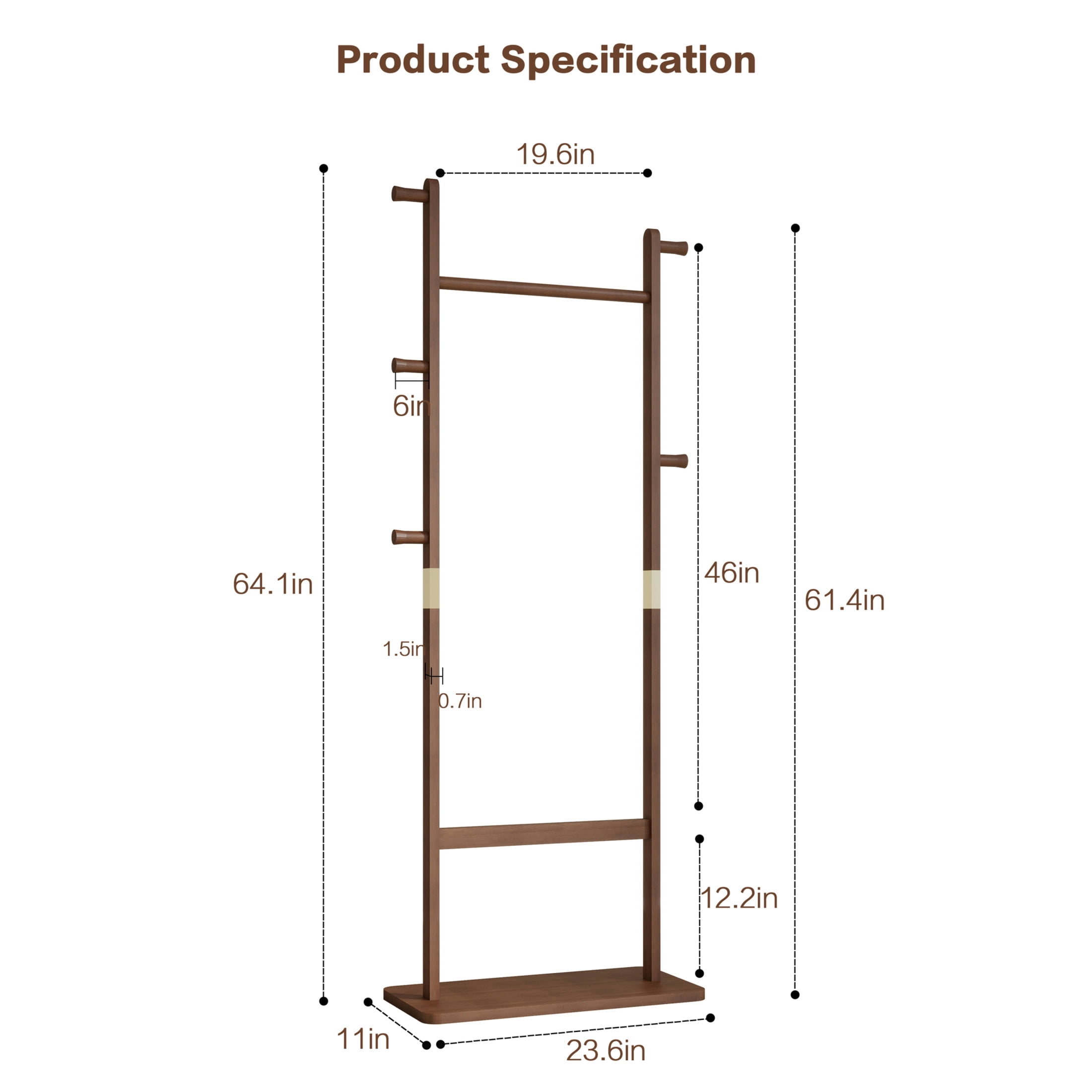 Noble House 64" Solid Rubber Wood Coat Rack, Freestanding Garment Hanger, Space-Saving Entryway Stand, Walnut