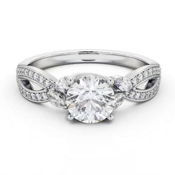 Spot Jewel 1.6 Ct Round Cut Lab Created Diamond Ring – Crossover Design Solitaire with Accent – Leafy 4 Prong Engagement Ring – 14K White Gold Plated – Forever Gift