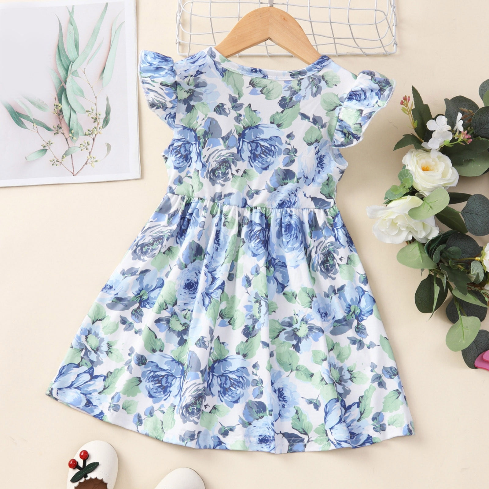 Little Girls Dresses Size 2 Years-3 Years Fly Sleeve Floral Prints Princess Dress Dance Party Dresses Graphic Dress