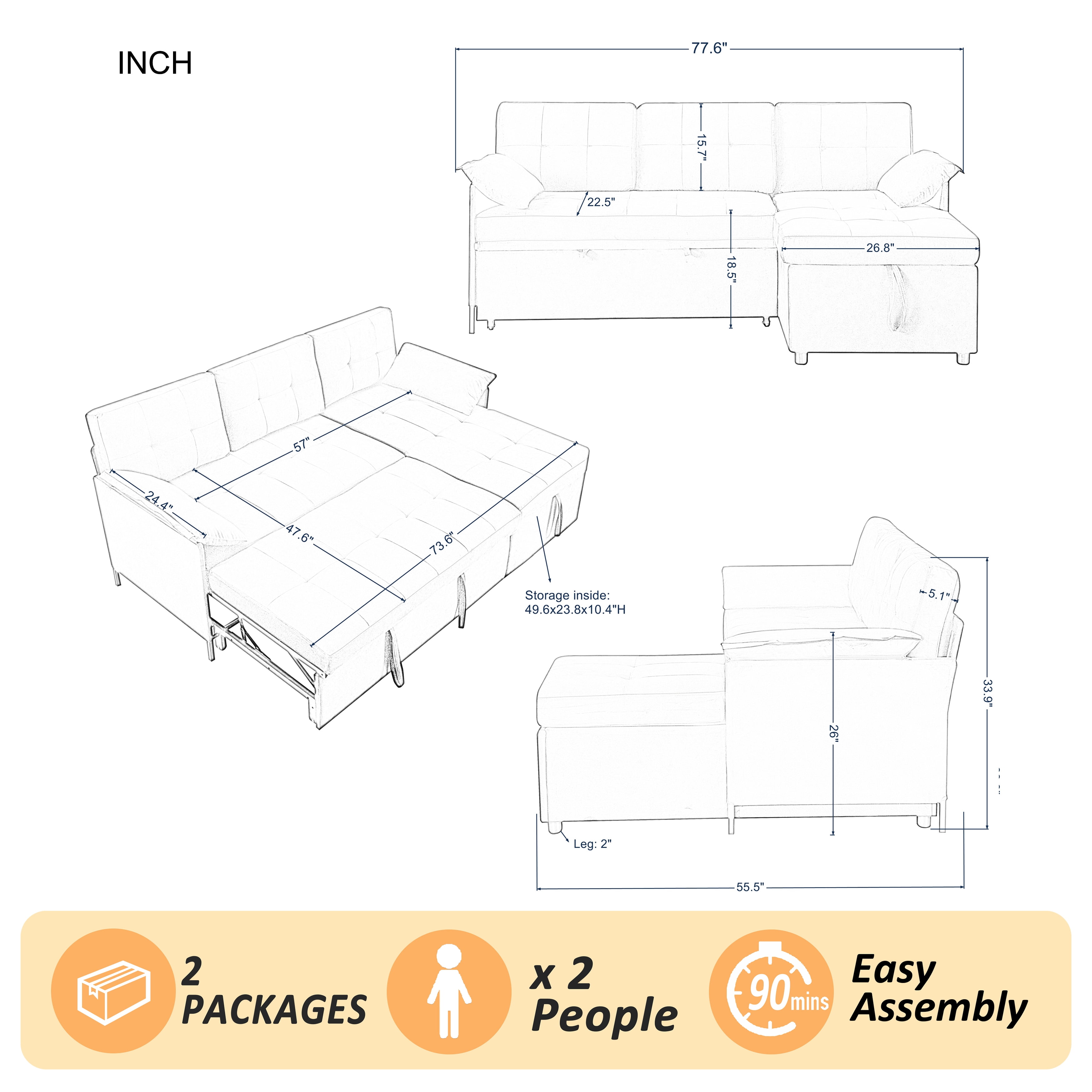 BSHTI 77.6" Reversible Sectional Sleeper Sofa Bed with Storage, 2-in-1 L-Shaped Convertible Pull Out Bed, Velvet Fabric, Modern Living Room Furniture Matte Black