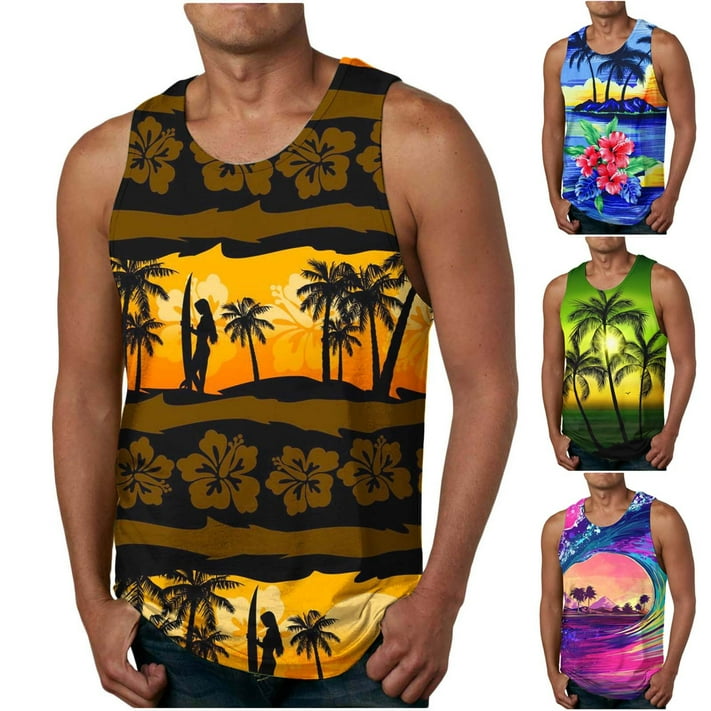symoid Graphic Tank Tops for Men- Summer Casual Hawaiian Beach Green ...