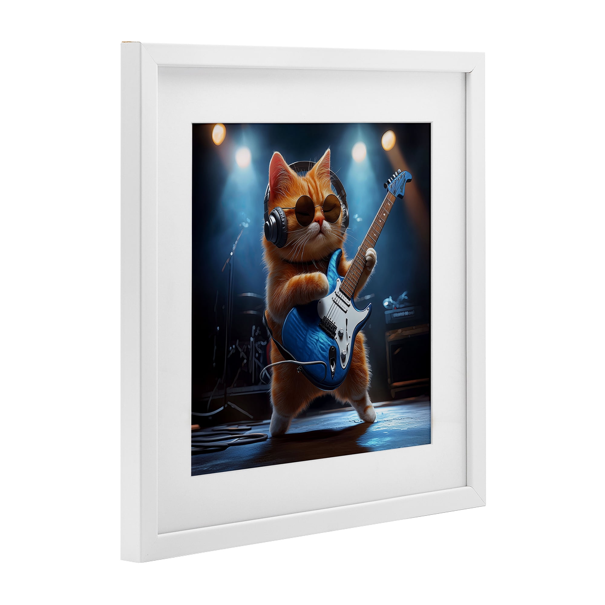 Cat Guitarist in Band White Framed Print Under Glass, design by Jim Baldwin