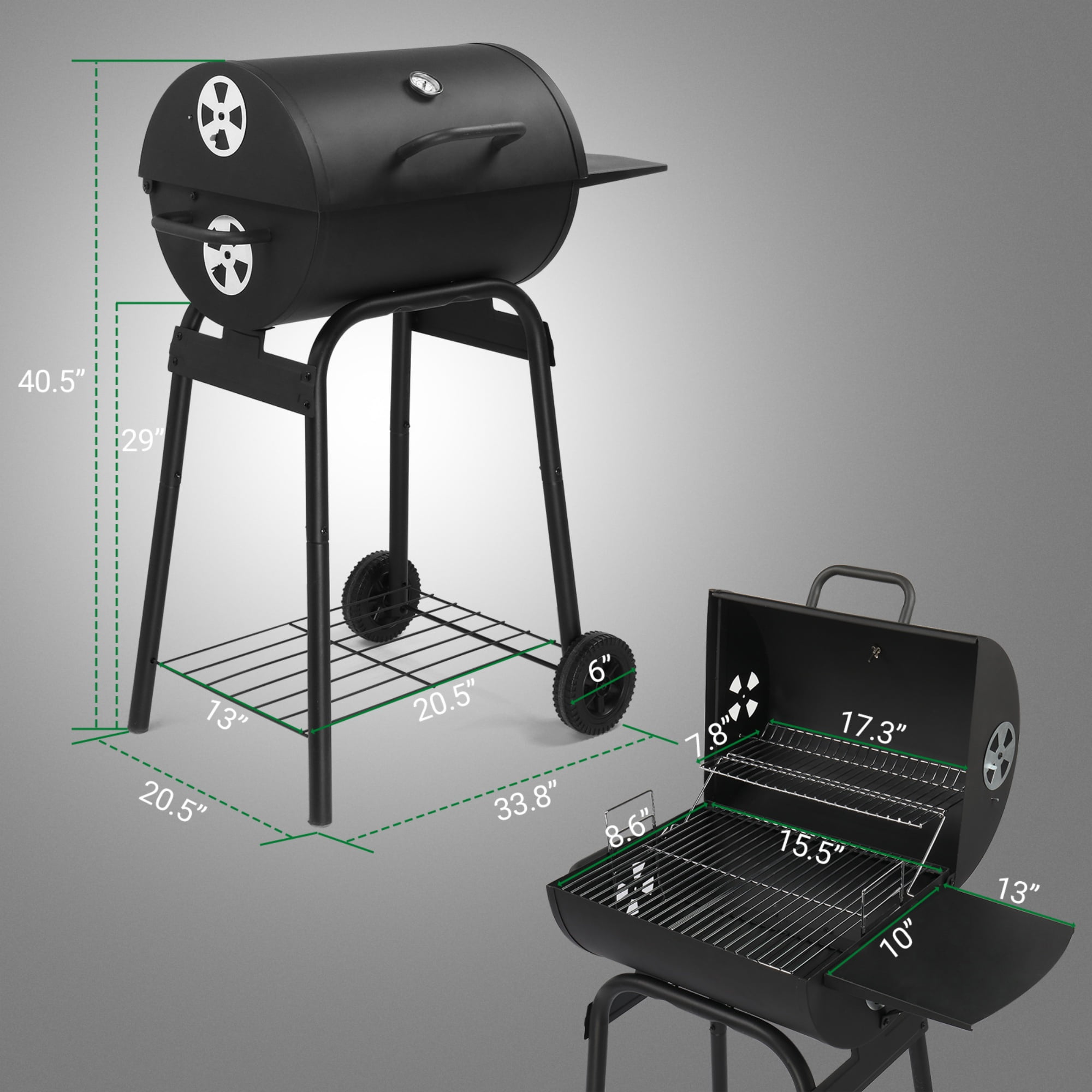 Barrel Charcoal Grill with Side Table & Wheels, 34" Outdoor BBQ Grill for Backyard Camping Picnics Pit Patio and Parties Cooking, Easy Assembly, Black