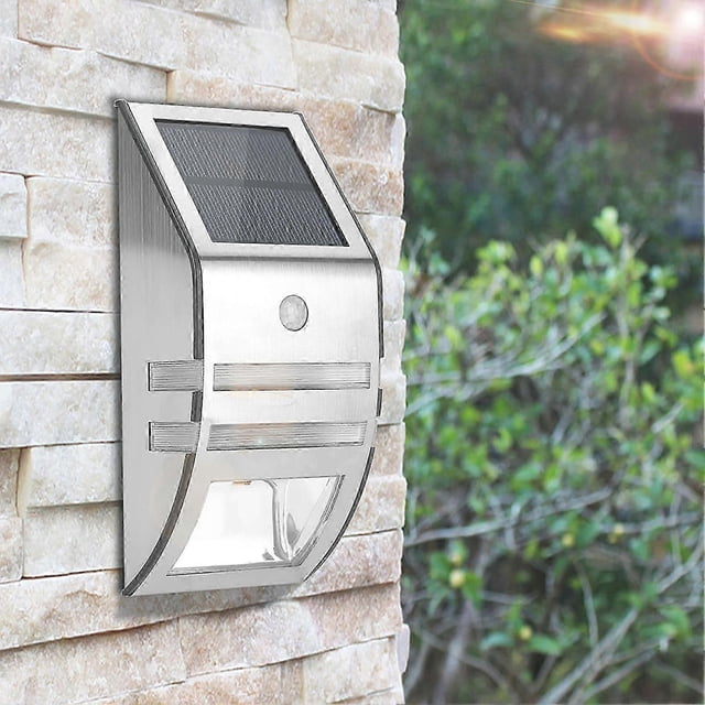 2 LED Solar Powered PIR Motion Sensor Wall Light Garden Security Lamp - Silver White