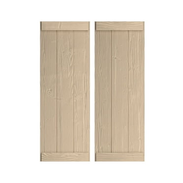 Ekena Millwork 16 1/2"W x 44"H Rustic Three Board Joined Board-n-Batten Sandblasted Faux Wood Shutters w/End Batten (Per Pair), Primed Tan