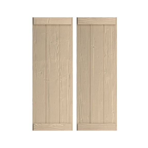 Ekena Millwork 16 1/2"W x 36"H Rustic Three Board Joined Board-n-Batten Sandblasted Faux Wood Shutters w/End Batten (Per Pair), Primed Tan