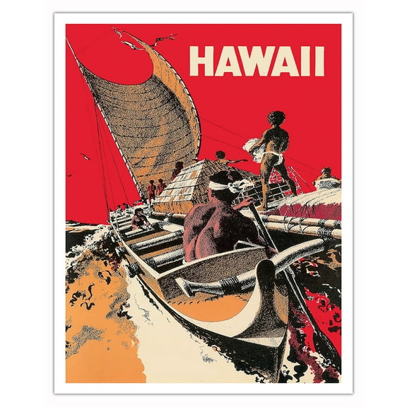 Hawaii - Outrigger Canoe Voyage - Vintage Hawaiian Travel Poster by Ray Lanterman c.1974 - Fine Art Matte Paper Print (Unframed) 11x14in