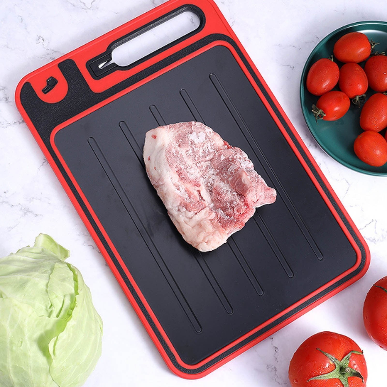 4-in-1 Defrosting Tray & Cutting Board, Stainless Steel Fast Thawing Mat, Multi-Functional Kitchen Prep Board, For Meat Veggies(Black)