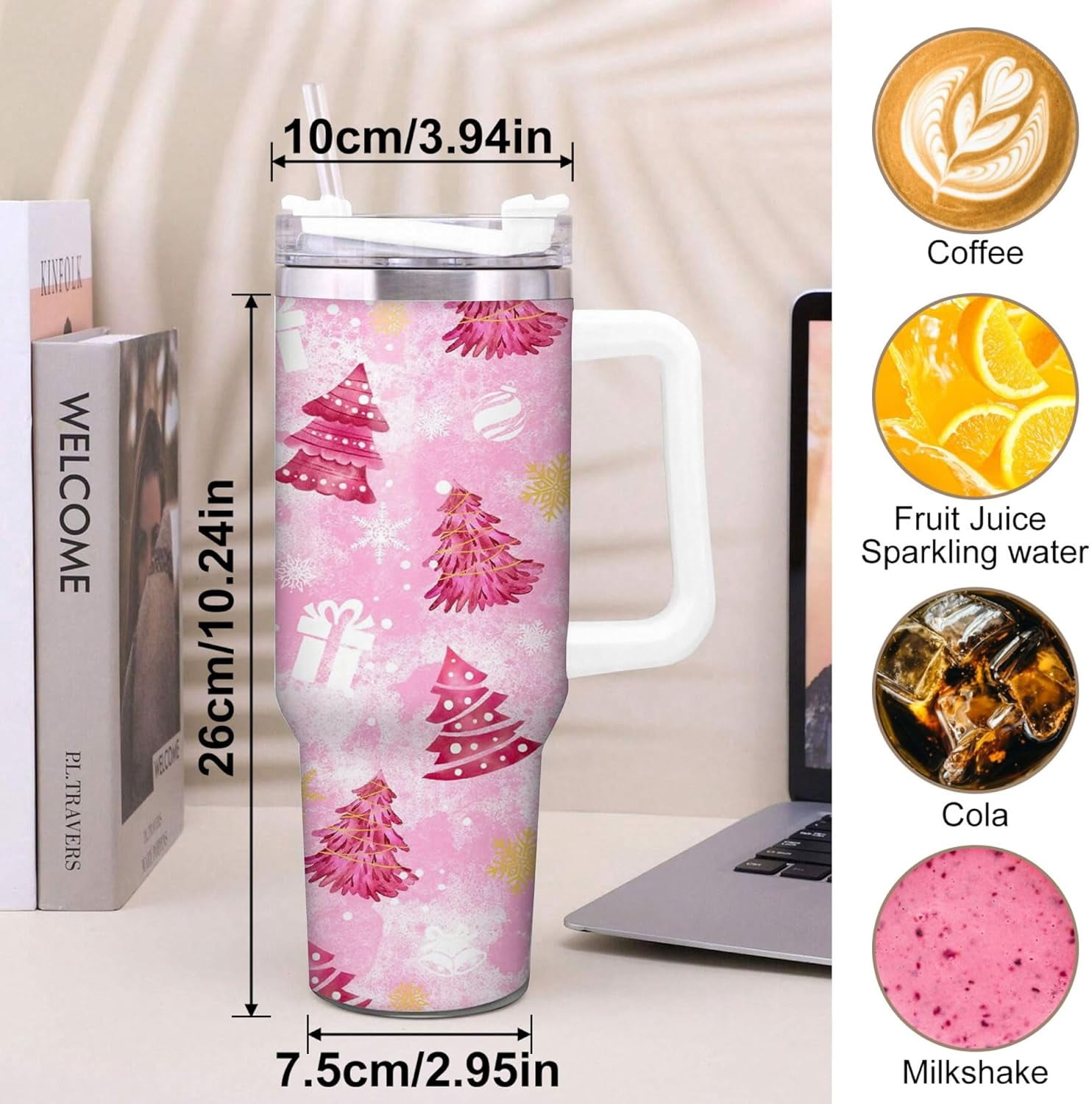 40oz Pink Christmas Tree Tumbler - Stainless Steel Insulated Mug with Handle and Straw, Christmas Gift for Women & Girls