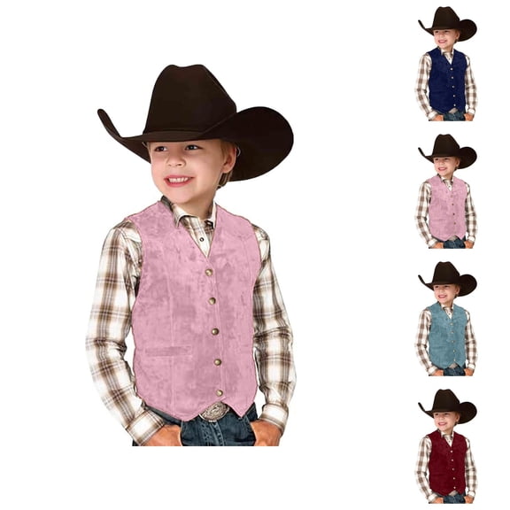 Retro Boys Cowboy Vest Suede Leather Style V Neck Button Down Slim Fit Vintage Waistcoat for Halloween Party Casual Western Wear