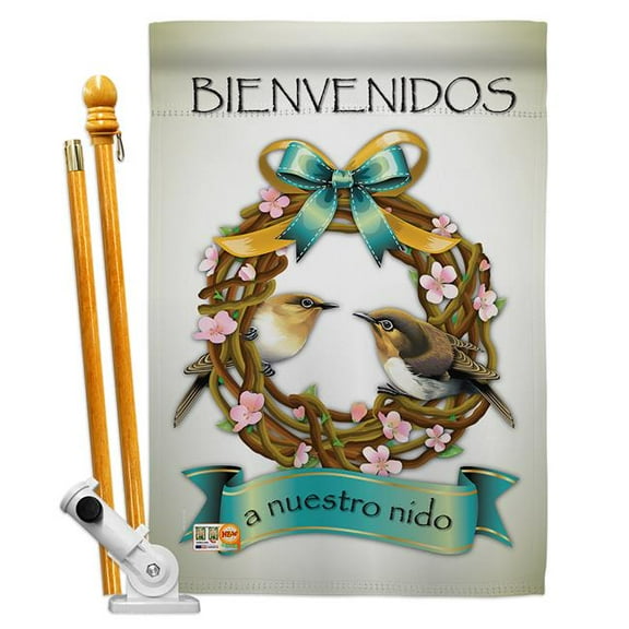 Breeze Decor BD-SH-HS-100046S-IP-BO-D-US19-BD 28 x 40 in. Bienvenidos a Nuestro Nido Inspirational Sweet Home Impressions Decorative Vertical Double Sided House Flag Set with Pole Bracket Hardware