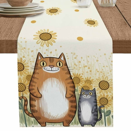 nqOlkjepod Japanese Yellow Cats Table Runner 120 Inches Long Farmhouse Dress Scarves, Sunflowers Cartoon Country Animals Dining Tablerunner for Coffee Table/Kitchen Island/Party Décor, 13" x 120"
