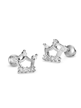 Product Image Sterling Silver Rhodium Plated Princess Crown Cubic Zirconia Screwback Baby Girls Earrings