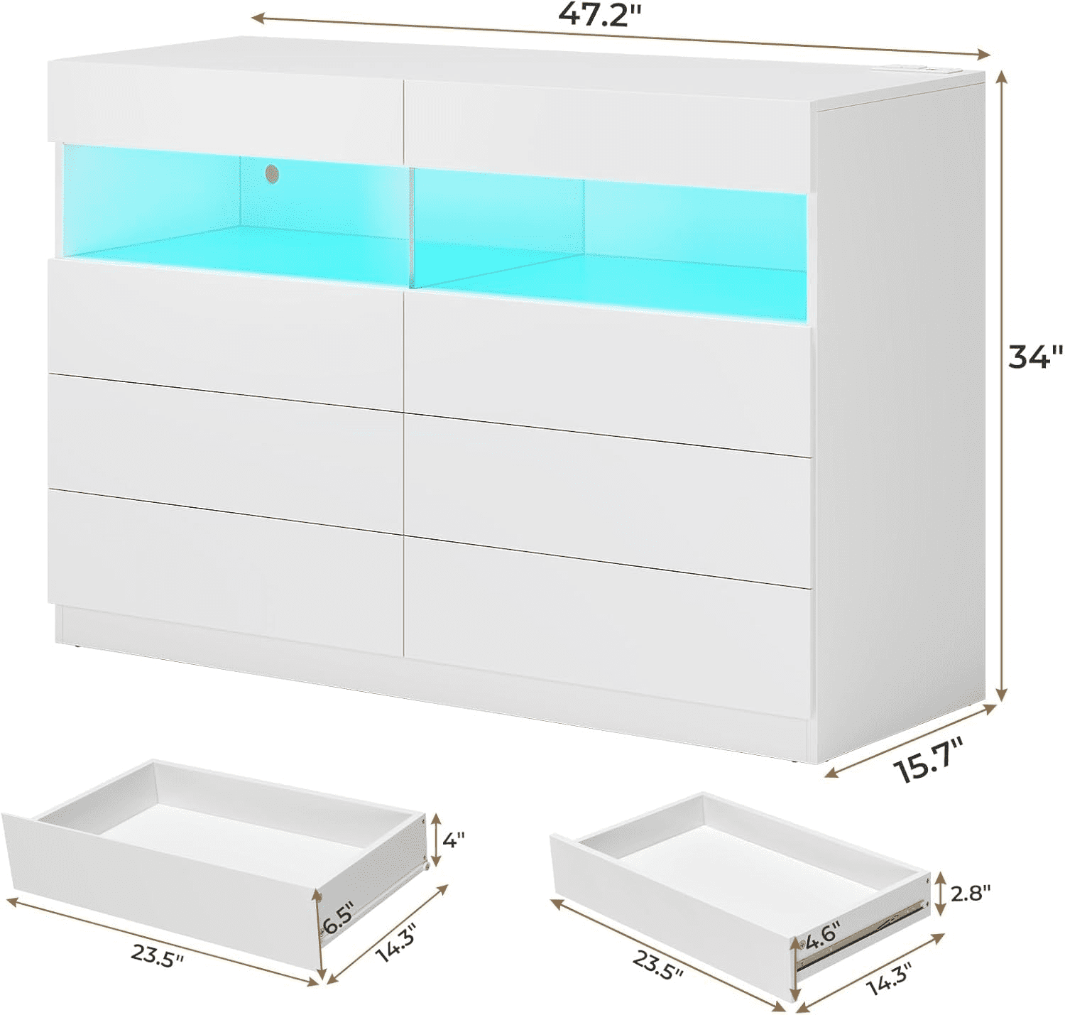 8 Drawers Dresser with Light, Wooden Chest of Drawers with Open Compartment,Modern Wide LED Dresser for Bedroom Living Room,White