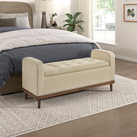 Mid-century Modern Brown Bench Solid Wood Frame Upholstery Bedroom Storage Bench With Storage Textured Fabric