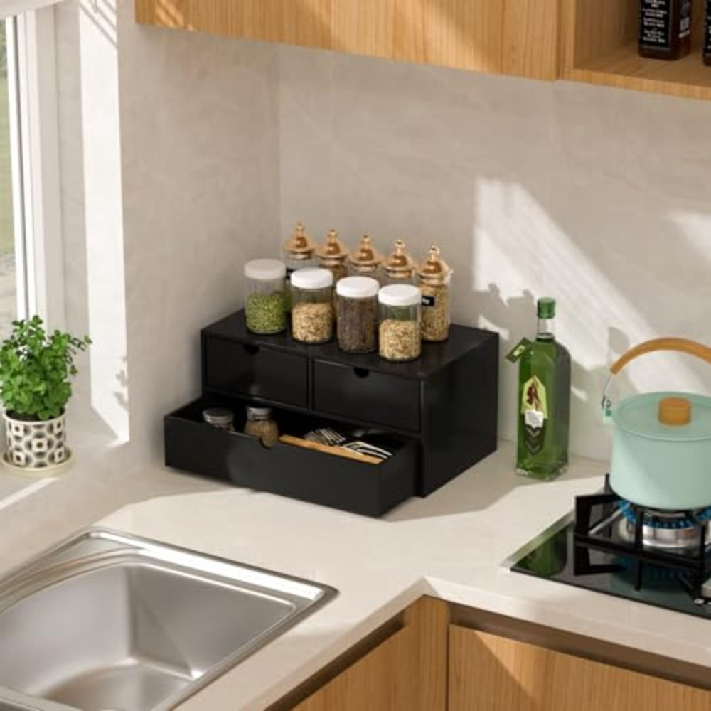 Bamboo Desk Organizer - Mini Bamboo Desk Drawer Tabletop Cosmetic Storage Organization for Office or Home Black