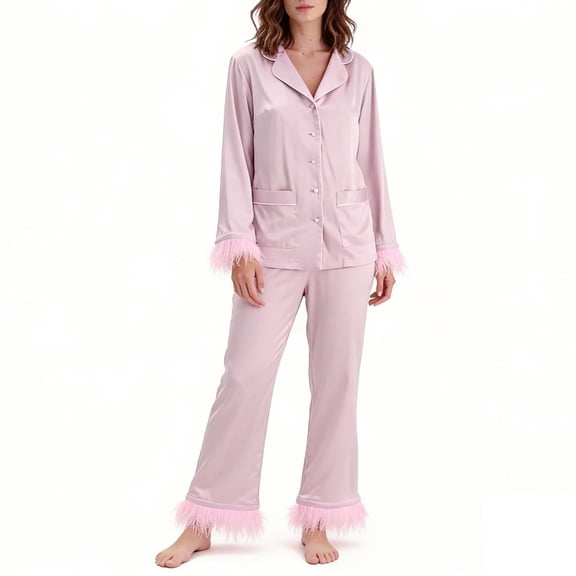 Fewfanhot Women's Solid Color Pajama Set - Long Sleeved Lapel Top & Pants, Casual Soft Homewear for Holiday Family Gatherings