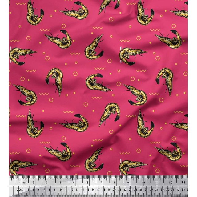 Soimoi Japan Crepe Satin Fabric Circle,Dot & Prawns Ocean Print Sewing Fabric Yard 42 Inch Wide