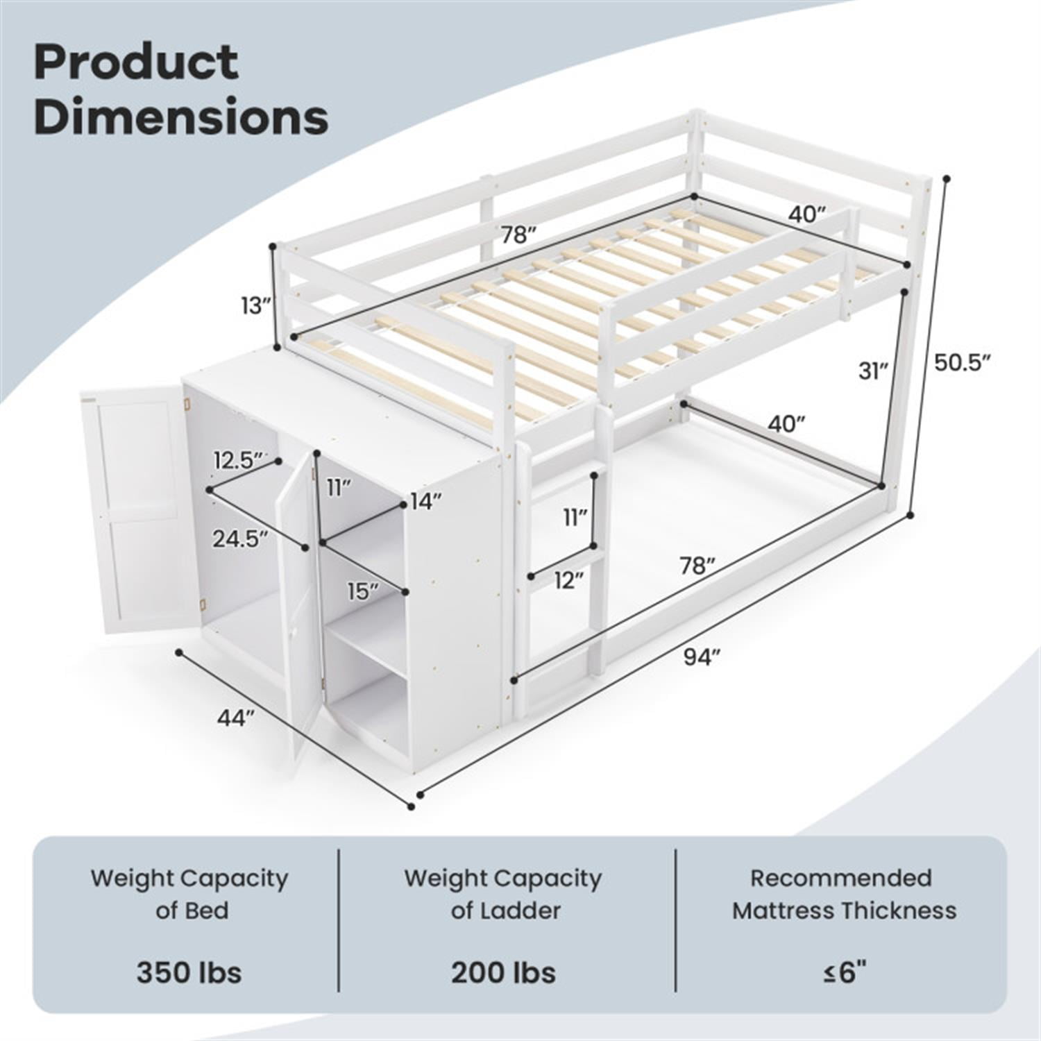 Demi Bonn Twin Over Twin Bunk Bed with Convertible Bookcase and Safety Guardrails, Twin Bunk Beds, Space-saving Solid Wood Bed Frame, White