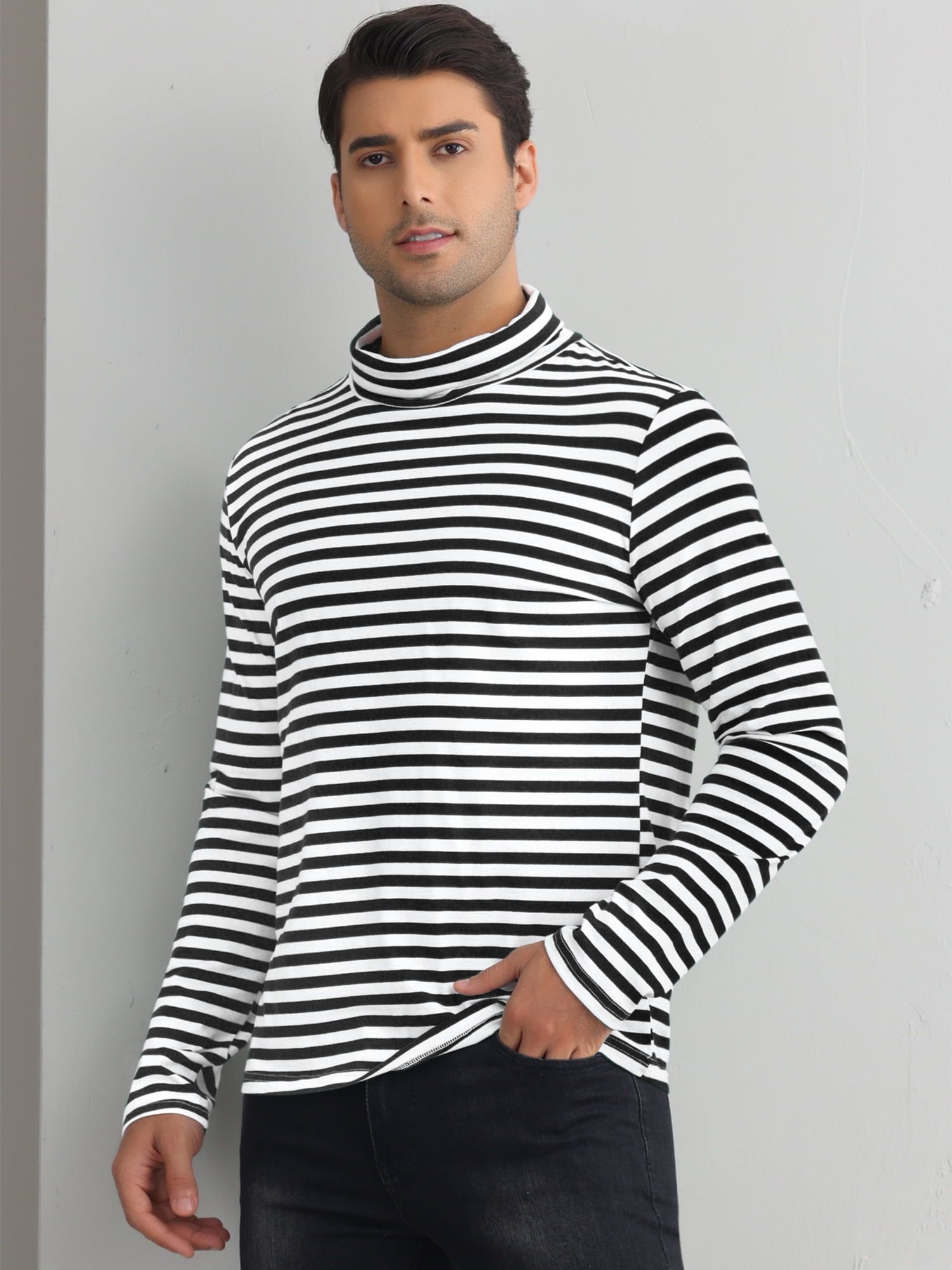 DARING DIVA Men's Striped Turtleneck Long Sleeves Pullover Stripes T-Shirt XL Black White